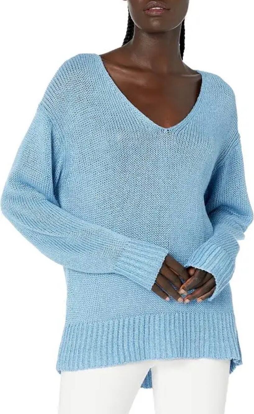 THEORY Women's Blue V-Neck Sweater in Knit Linen